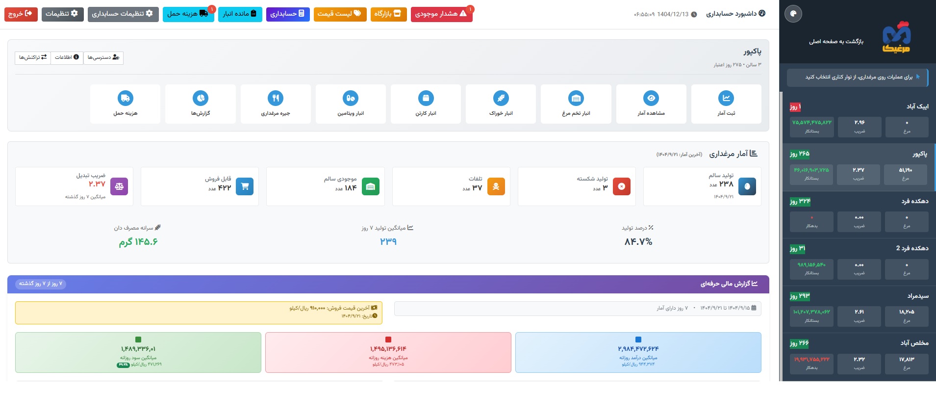صفحه ثبت آمار روزانه مرغداری